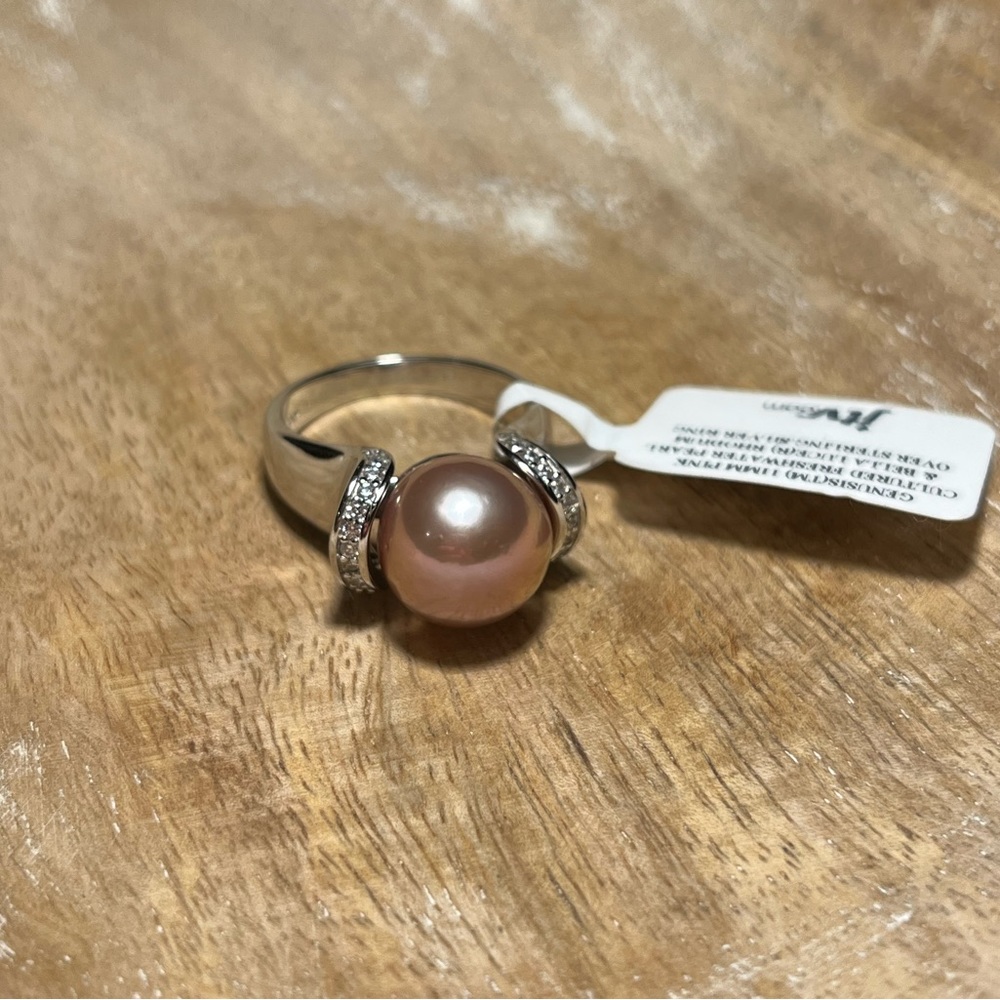 Pink Cultured Freshwater Pearl & CZ 0.18ctw Rhodium Over Sterling Silver Ring